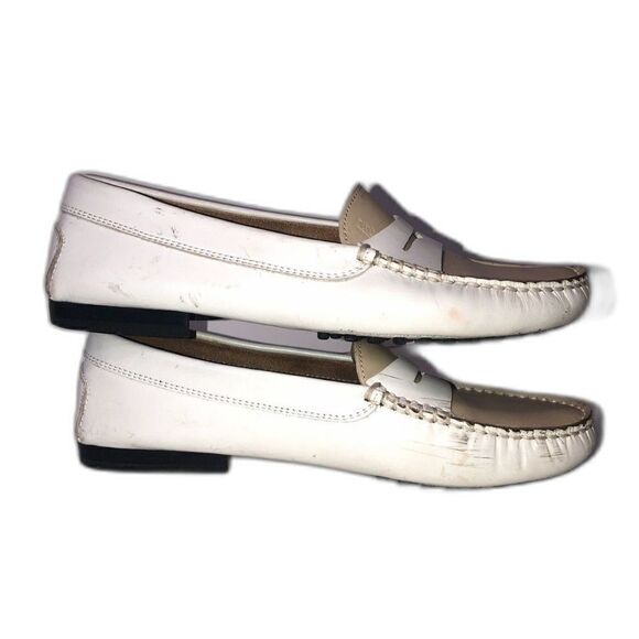 TOD'S Leather Penny Loafers Women's 6.5 White Tan *U shaped Heel* Driving Shoes - Picture 9 of 11